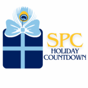 Holiday countdown logo with a peacock feather featured with a bow on top of a wrapped present