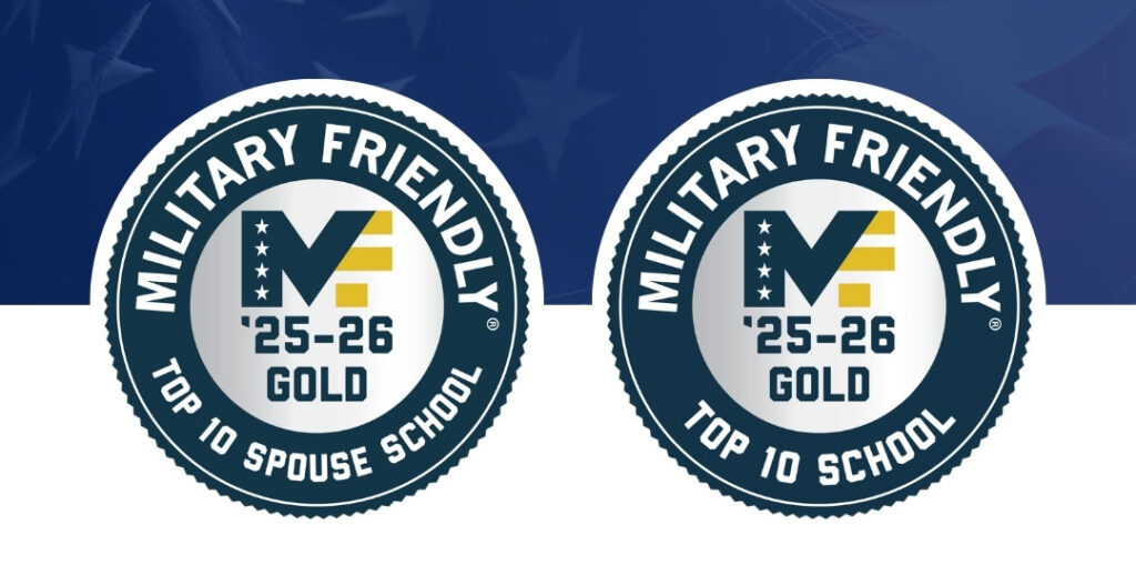 Two militarly friendly award top 10 badges on a navy and white background with an American flag overlay