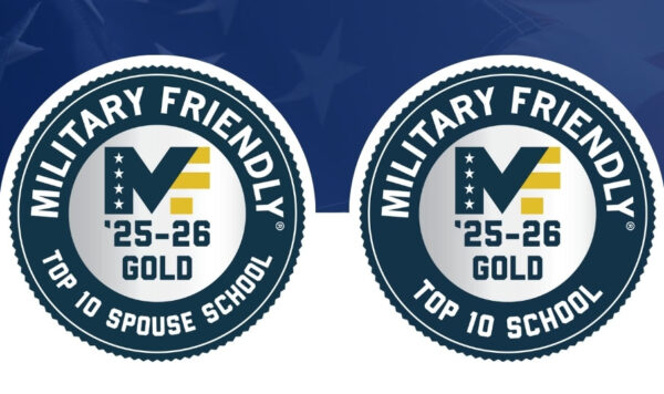 Two militarly friendly award top 10 badges on a navy and white background with an American flag overlay