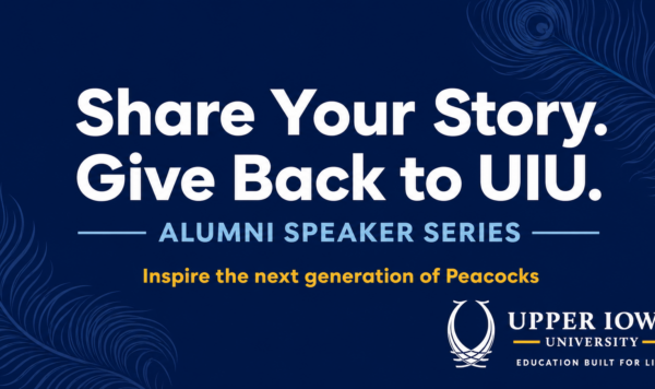 Alumni Speaker series with navy blue background and white, light blue and yellow lettering.