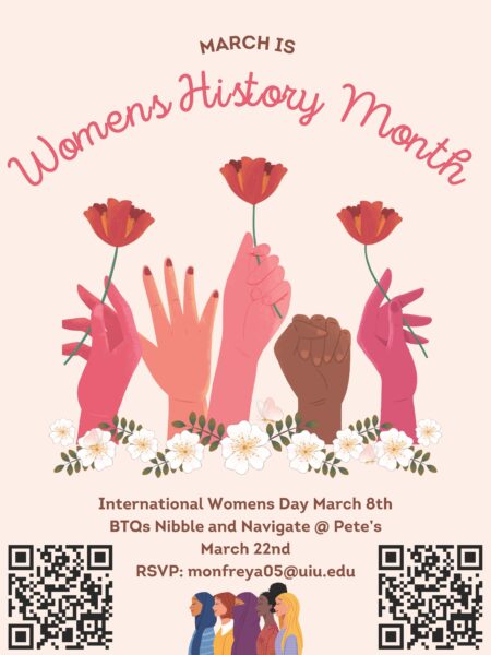 Flyer advertisement for the BTQ Sorority Event Nibble and Navigate in honor of Women's History Month.