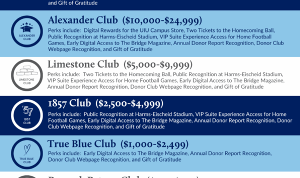 Upper Iowa University Donor Club Program chart showing giving tiers and benefits. Top level is Legacy Club for lifetime giving of $1,000,000 or more. Annual giving tiers include Blue Diamond Club ($25,000+), Alexander Club ($10,000–$24,999), Limestone Club ($5,000–$9,999), 1857 Club ($2,500–$4,999), True Blue Club ($1,000–$2,499), Peacock Patron Club ($500–$999), Contributors Club ($250–$499), and Blue Chip Club ($120–$249). Higher tiers receive additional perks such as event tickets, VIP access, publications, and public recognition.