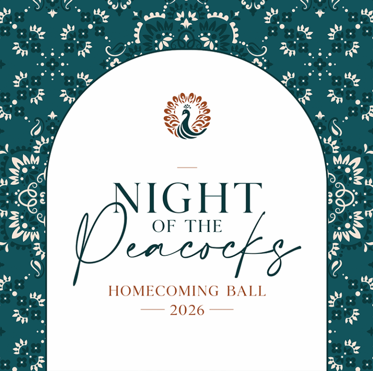 A graphical layout with an elegant stylized peacock graphic with the text 