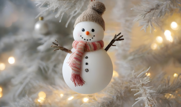 Snowman ornament hanging from a Christmas tree.