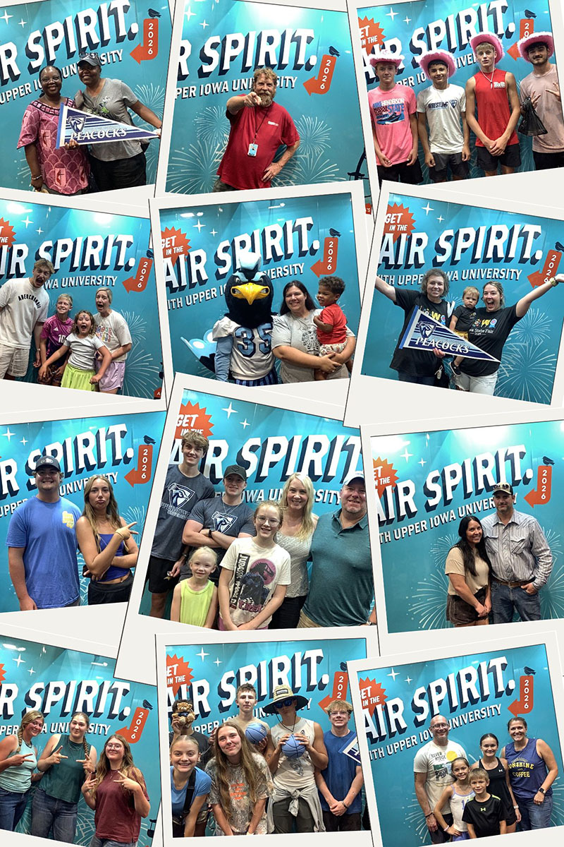 A collage of 12 images of people before a turquoise background with stylized "State Fair" text. The photos are of individuals and groups of people posing for the camera, photo booth style.