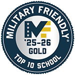 A round seal indicating UIU's 2025-206 Top 10 Gold status for Military Friendly Schools