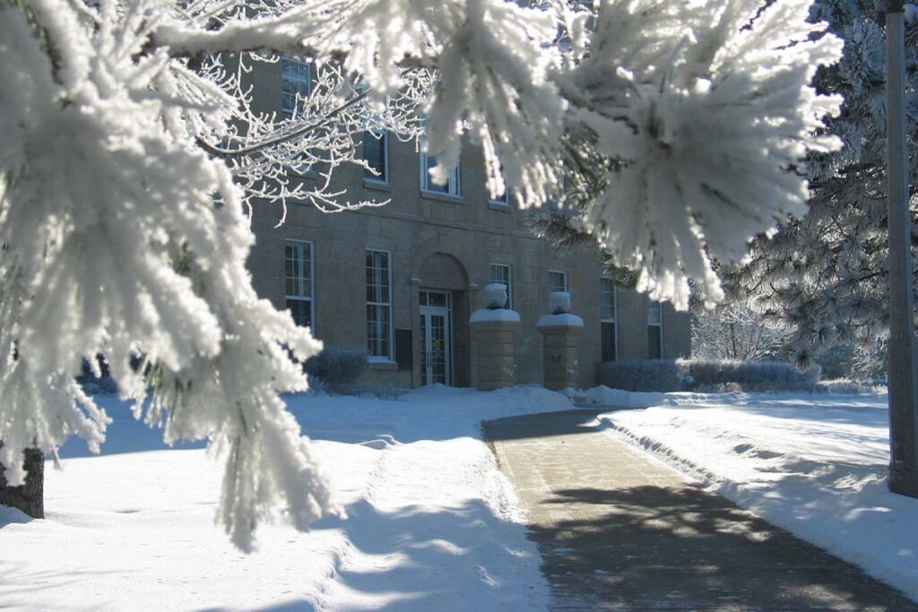 A frost covered tree in the forground frames a snowy campus scene with a cleared path leading to a stone building