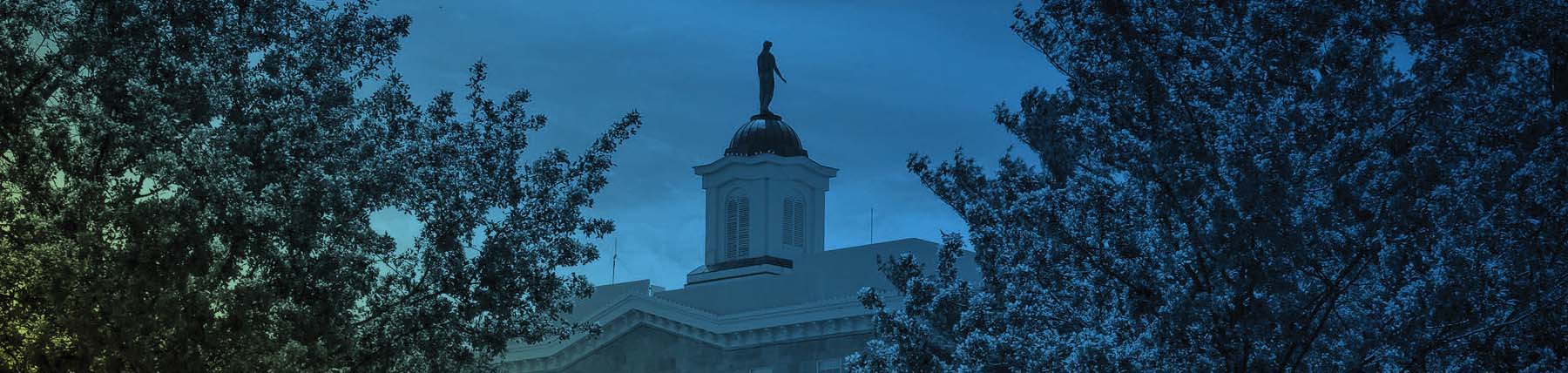 Blue stylized image of UIU's Alexander Dickman building