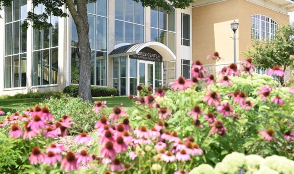 A building with glassy exterior with purple coneflowers in the foreground