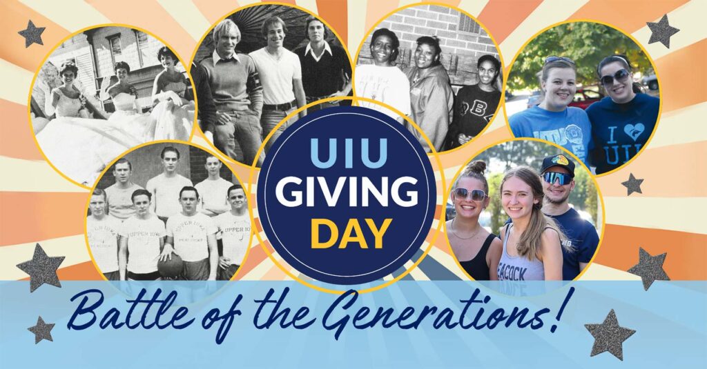 UIU Giving day banner with photos of UIU students from different generations