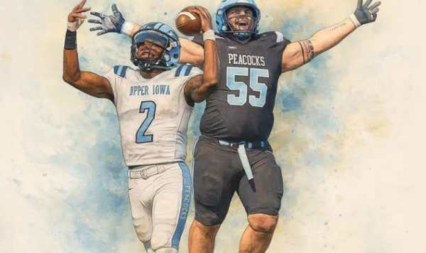 Upper Iowa University Alumni Magazine, The Bridge (Spring 2026) cover featuring two Upper Iowa football players leaping for a pass; text reads “2025 Albanese Candy Bowl Champions.”