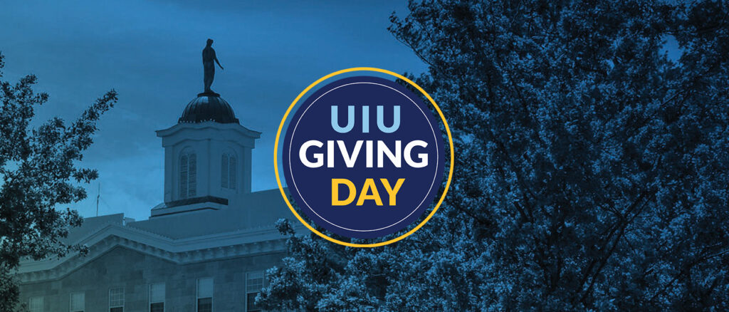 UIU Giving Day graphic with Upper Iowa buildings in the background