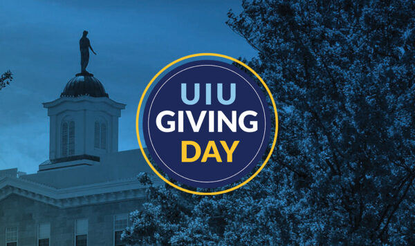 UIU Giving Day graphic with Upper Iowa buildings in the background