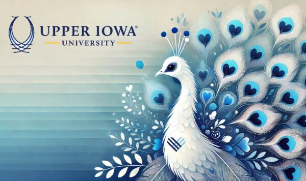 A snowy white, festive peacock graphic
