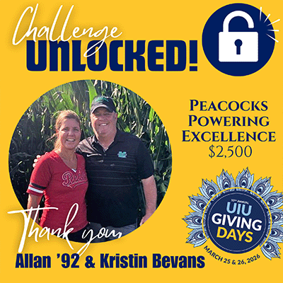 A graphic featuring ahappy couple, Allan and Kristin Bevans, posing for a photo.