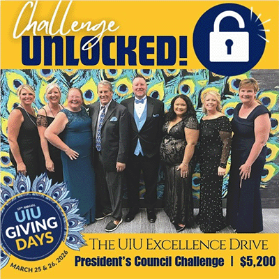 Graphic featuring a large group, UIU President's Council, posing for a photo.