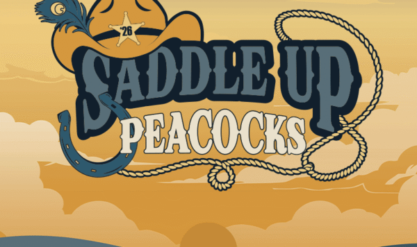Saddle Up Peacocks Homecoming 2026 graphic with a western hat, rope and sunset landscape.