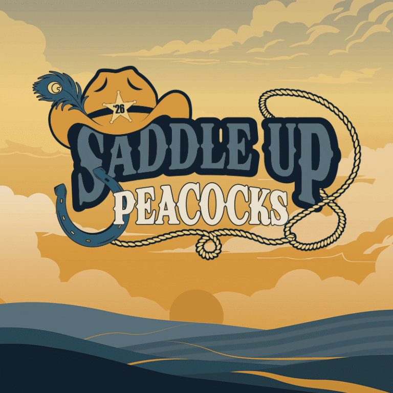 Saddle Up Peacocks Homecoming 2026 graphic with a western hat, rope and sunset landscape.
