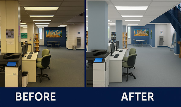 Side-by-side comparison of a learning lab before and after renovation. The left image shows an older space with beige walls, darker lighting, and dated furniture. The right image shows the renovated space with blue walls, brighter lighting, updated furniture, and a more open, modern layout.