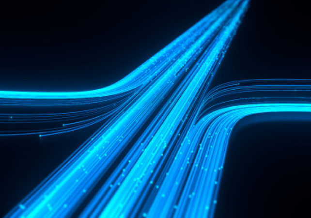 An abstract graphic with blue lines representing digital network traffic