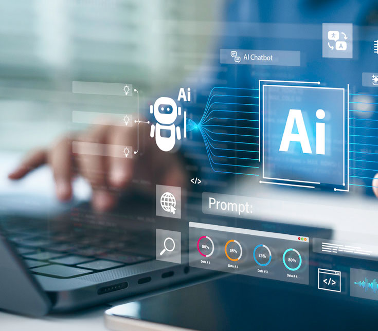 Graphic with someone typing on a laptop with ai prompt overlays and data charts
