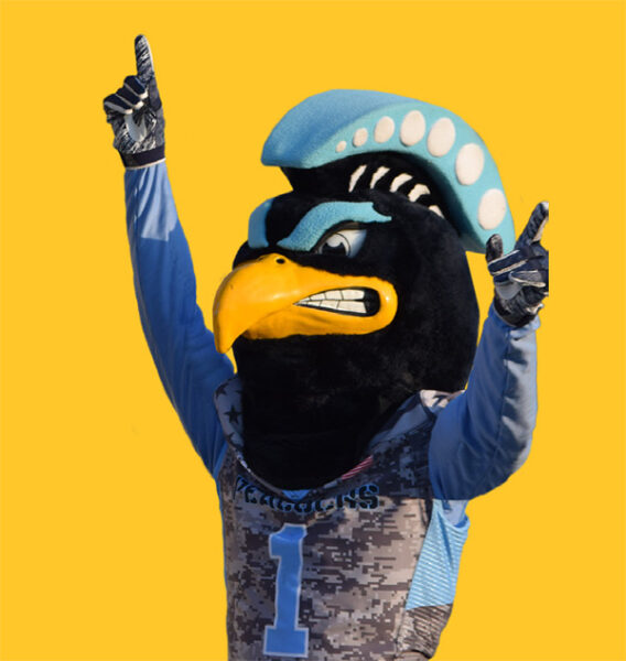 UIU's mascot, a peacock with a gold beak and light blue feather crown of feathers on their head raises hands in triumph
