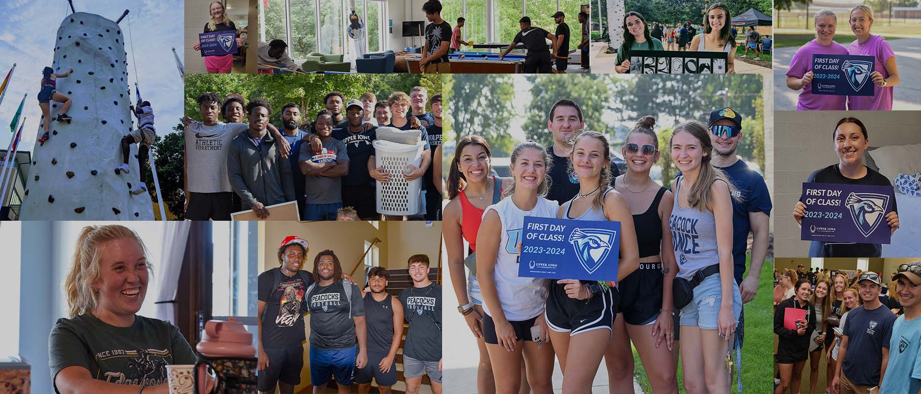 Mosic image of dozens of UIU students at the Peacock Experience and move-in day