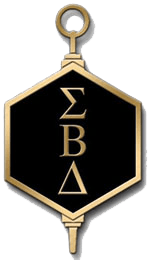 A gold key with Greek letters Sigma, Beta and Delta on a black hexagonal-shaped background.