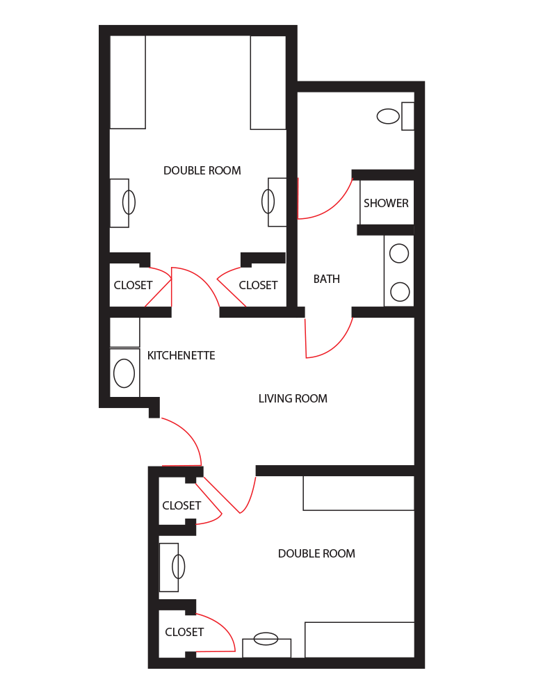 Floor plan for UIU Suites with Kitchenette, living area, bedrooms, and bathroom