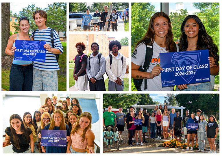 A collage of photos featuring smiling students, some in large groups, many of them holding up 